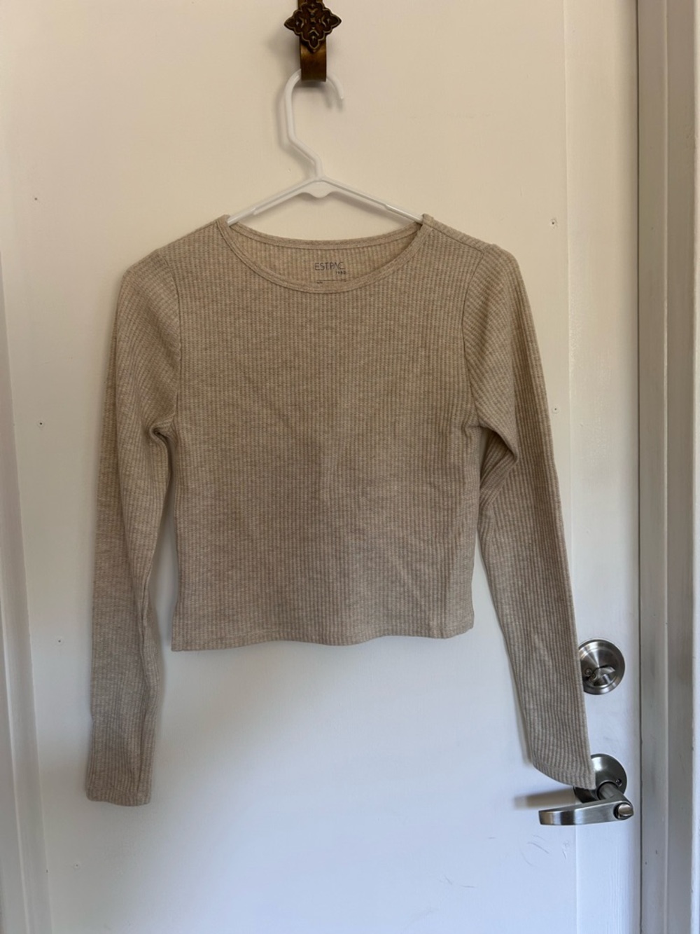 Ribbed Long-Sleeve Crewneck Top in Beige